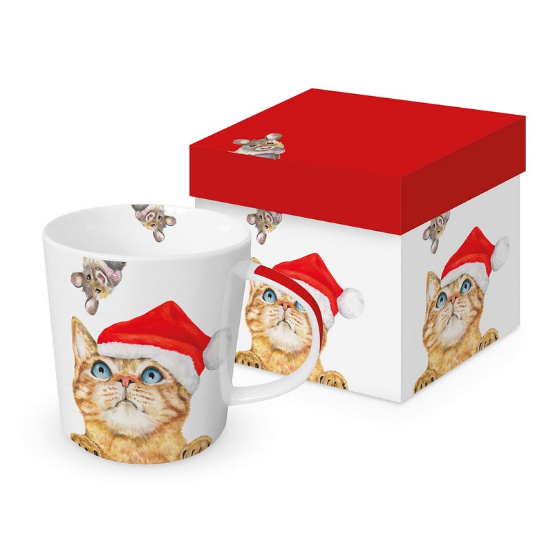 Tazza mug decorata con gatto con cappello di Babbo Natale e topo, in scatola regalo con decoro abbinato, una perfetta idea regalo di Natale