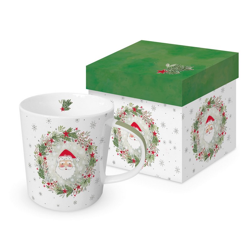 Tazza mug decorata con ghirlanda e Babbo Natale, in scatola regalo con decoro abbinato