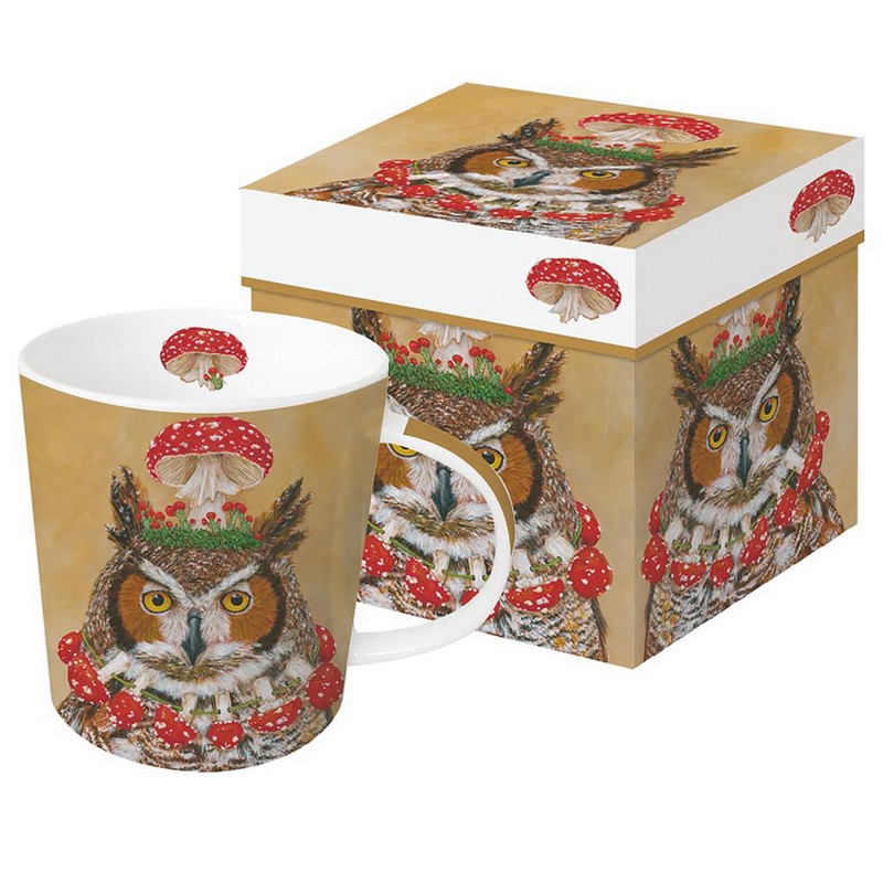 Tazza mug decorata con gufo con funghi come cappello e collana, in scatola regalo con decoro abbinato
