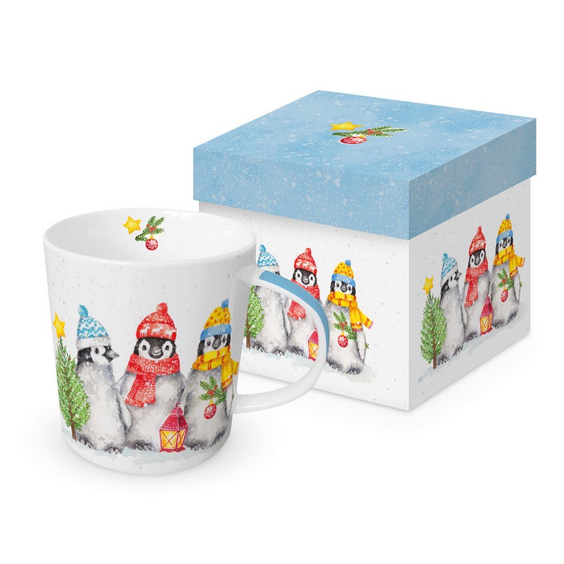 Tazza mug natalizia decorata con trio di pinguini natalizi, in scatola regalo con decoro abbinato, una perfetta idea regalo di Natale