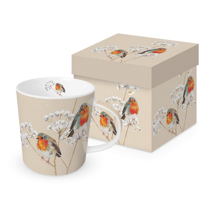 Tazza mug decorata con coppia di pettirossi, in scatola regalo con decoro abbinato