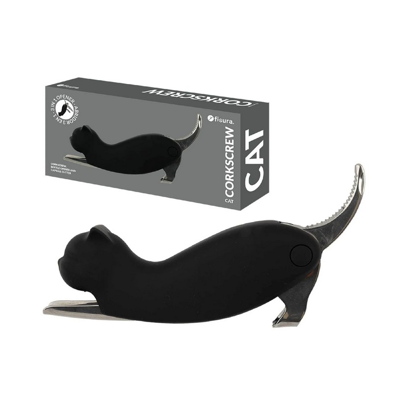 Cavatappi a forma di gatto nero che si stiracchia, funge anche da apribottiglie e taglia capsule