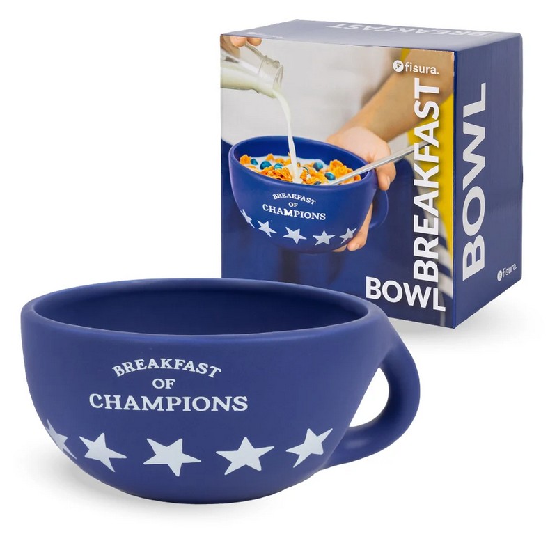 Tazza grande da colazione blu decorata scritta “Breakfast of champions” e stelle