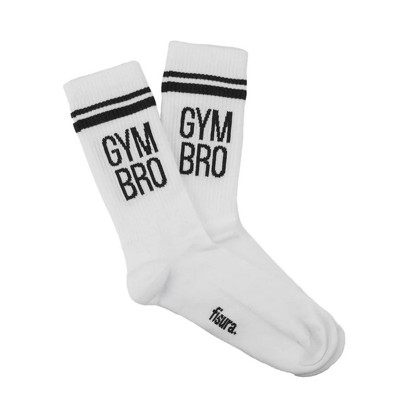 Paio di calze bianche sportive decorate con scritta “Gym bro”