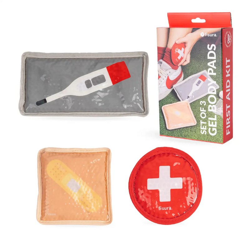 Set 3 cuscinetti gel decorati a tema kit primo soccorso utilizzabili sia caldi che freddi per lenire febbre, dolori, mal di denti, scottature e contratture