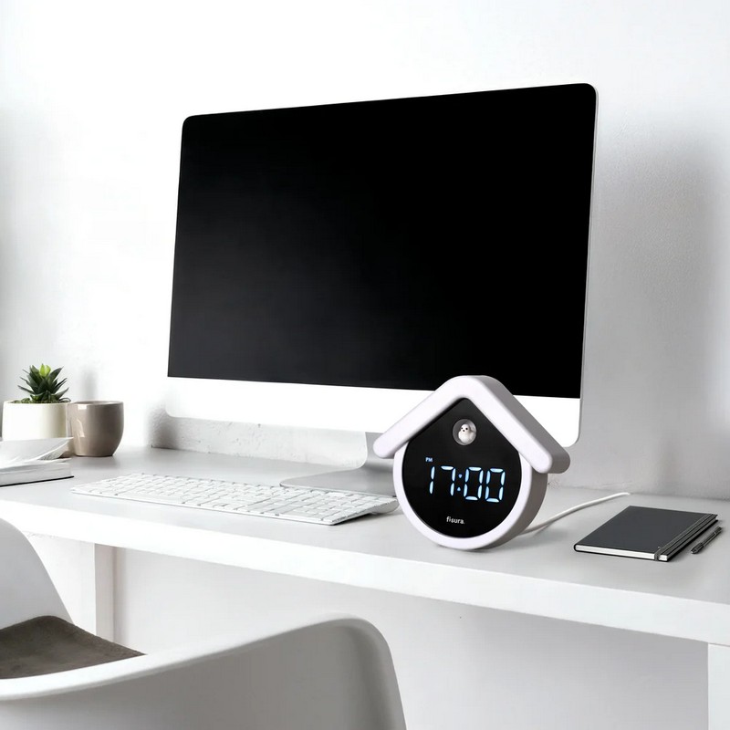 Orologio sveglia digitale a forma di casetta con cucù di colore bianco e nero con funzione termometro