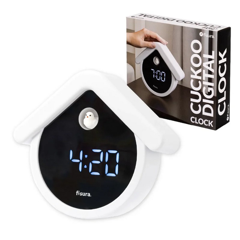 Orologio sveglia digitale a forma di casetta con cucù di colore bianco e nero con funzione termometro