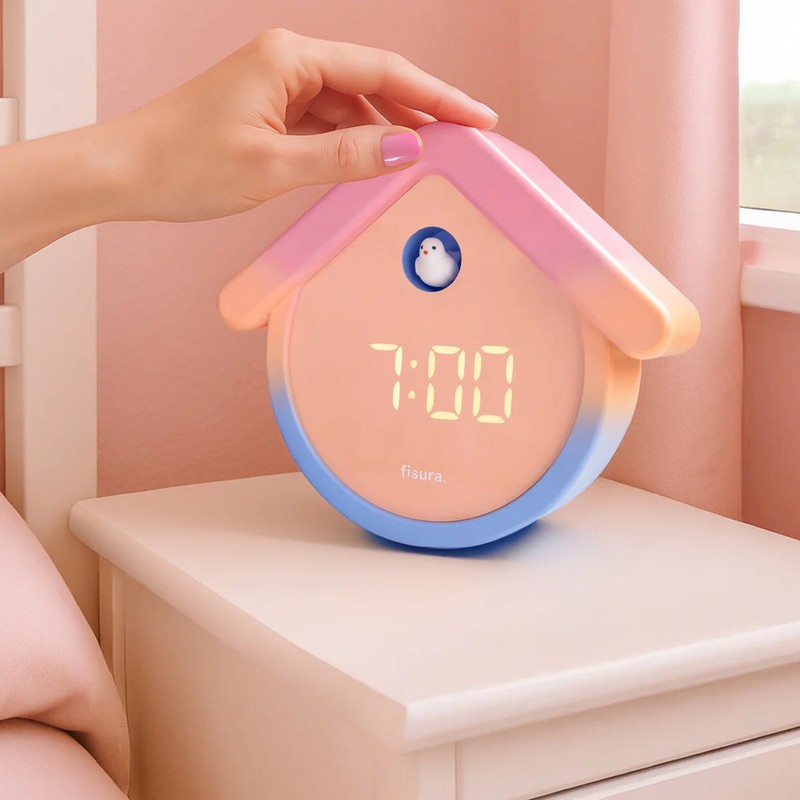 Orologio sveglia digitale a forma di casetta con cucù di rosa e azzurro sfumato con funzione termometro