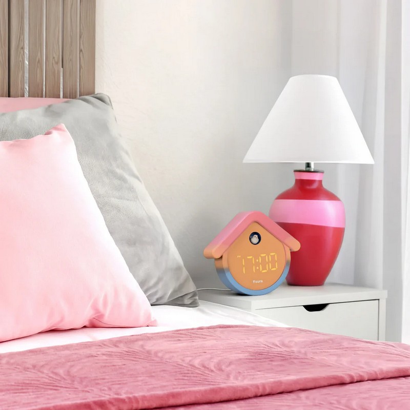 Orologio sveglia digitale a forma di casetta con cucù di rosa e azzurro sfumato con funzione termometro
