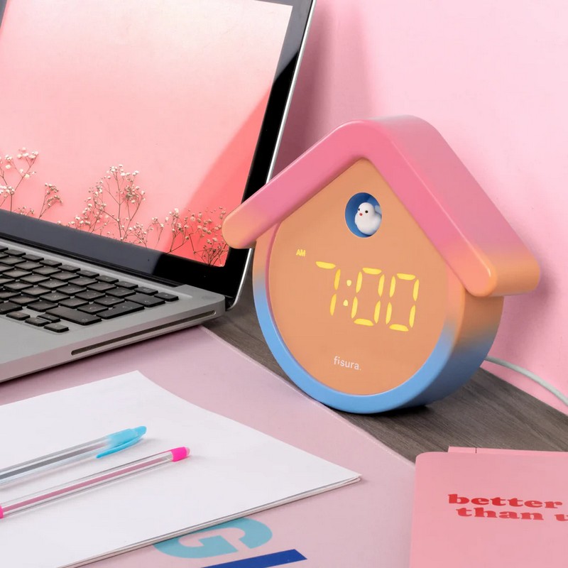 Orologio sveglia digitale a forma di casetta con cucù di rosa e azzurro sfumato con funzione termometro