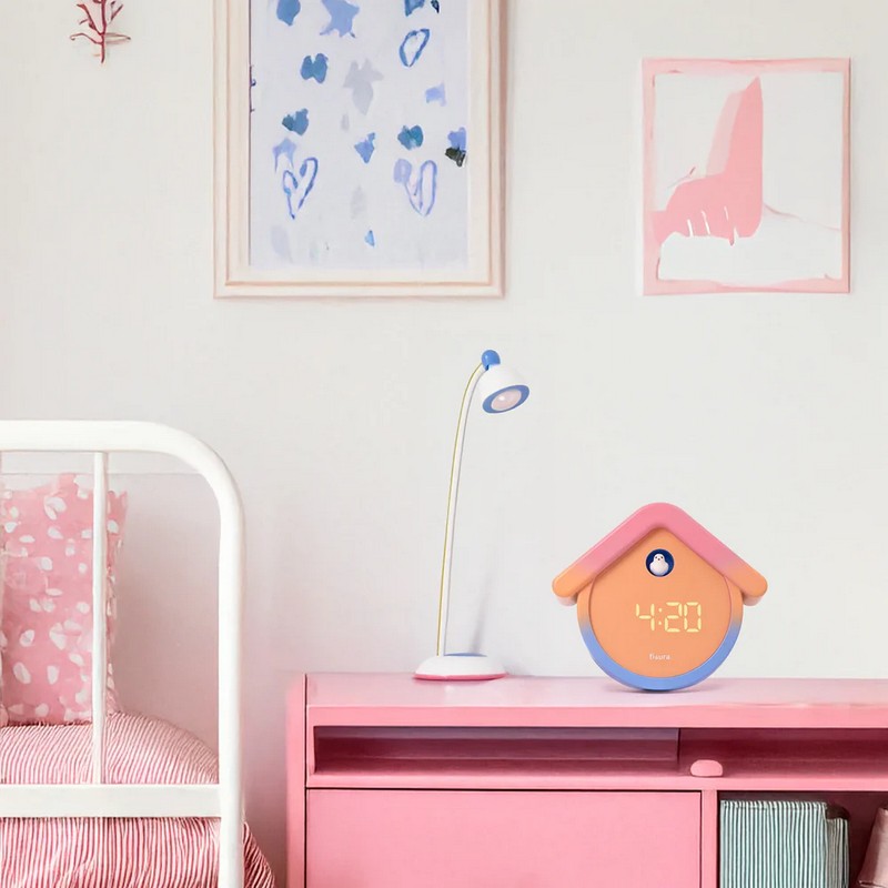 Orologio sveglia digitale a forma di casetta con cucù di rosa e azzurro sfumato con funzione termometro