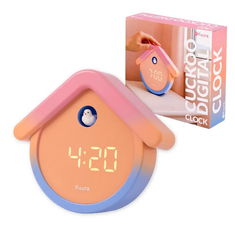 Orologio sveglia digitale a forma di casetta con cucù di rosa e azzurro sfumato con funzione termometro