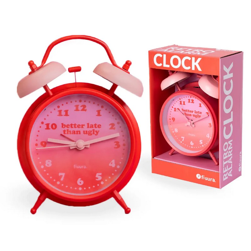 Orologio sveglia retrò analogica fucsia decorata con scritta “Better late than ugly” con luce LED per leggere l'ora al buio