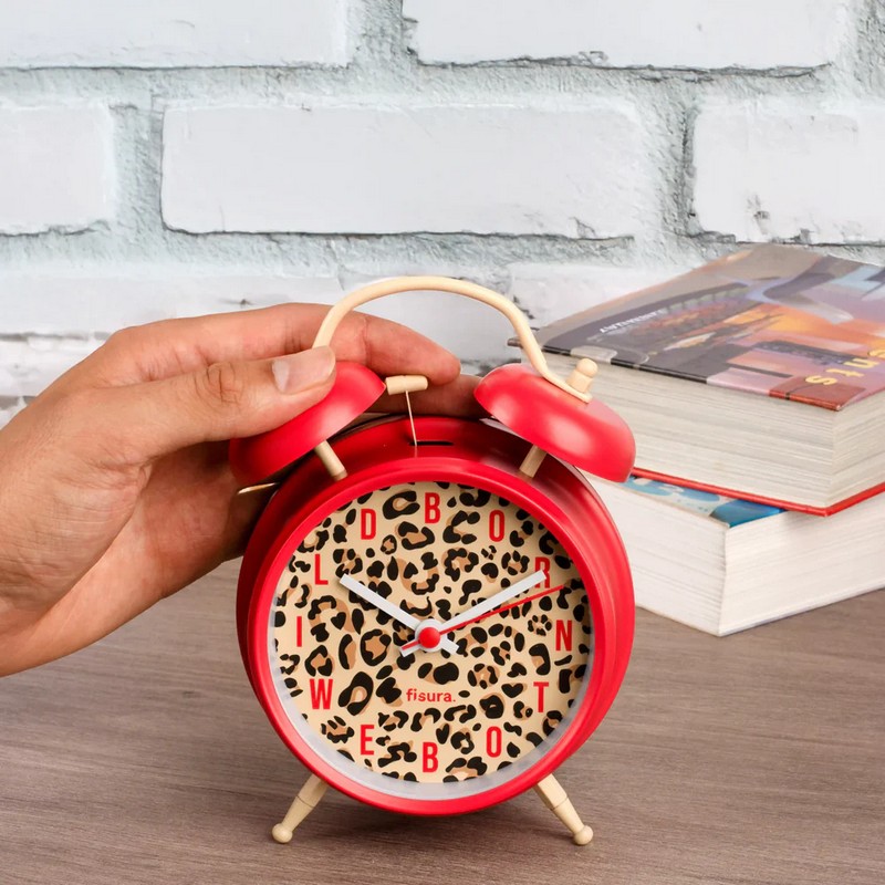 Orologio sveglia retrò analogica leopardata decorata con scritta “Born to be wild” con luce LED per leggere l'ora al buio