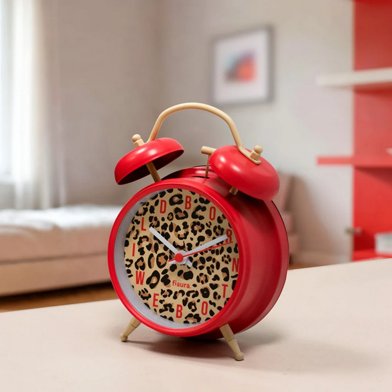 Orologio sveglia retrò analogica leopardata decorata con scritta “Born to be wild” con luce LED per leggere l'ora al buio