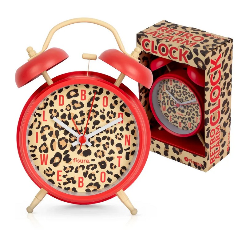 Orologio sveglia retrò analogica leopardata decorata con scritta “Born to be wild” con luce LED per leggere l'ora al buio