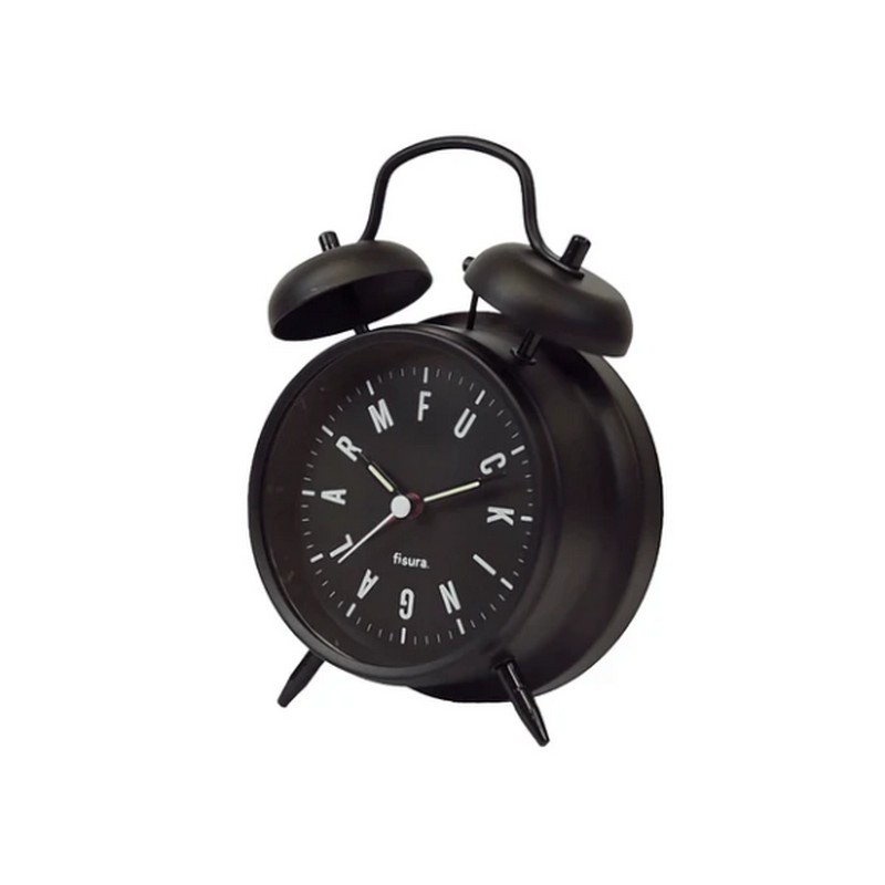 Orologio sveglia retrò analogica nera decorata con scritta “Fucking alarm” sul quadrante, con luce LED per leggere l'ora al buio