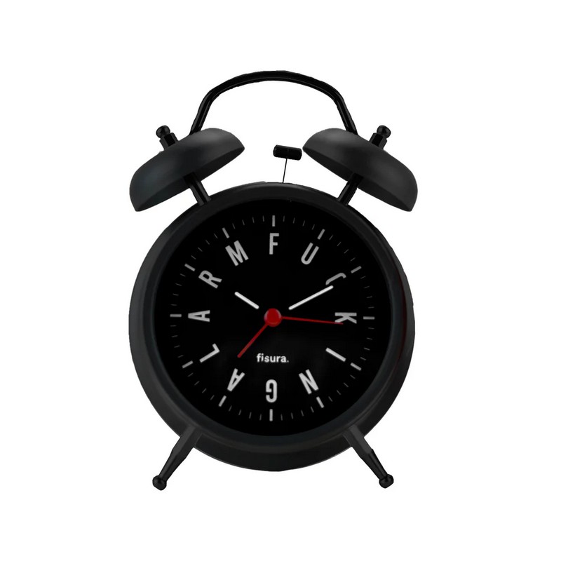 Orologio sveglia retrò analogica nera decorata con scritta “Fucking alarm” sul quadrante, con luce LED per leggere l'ora al buio