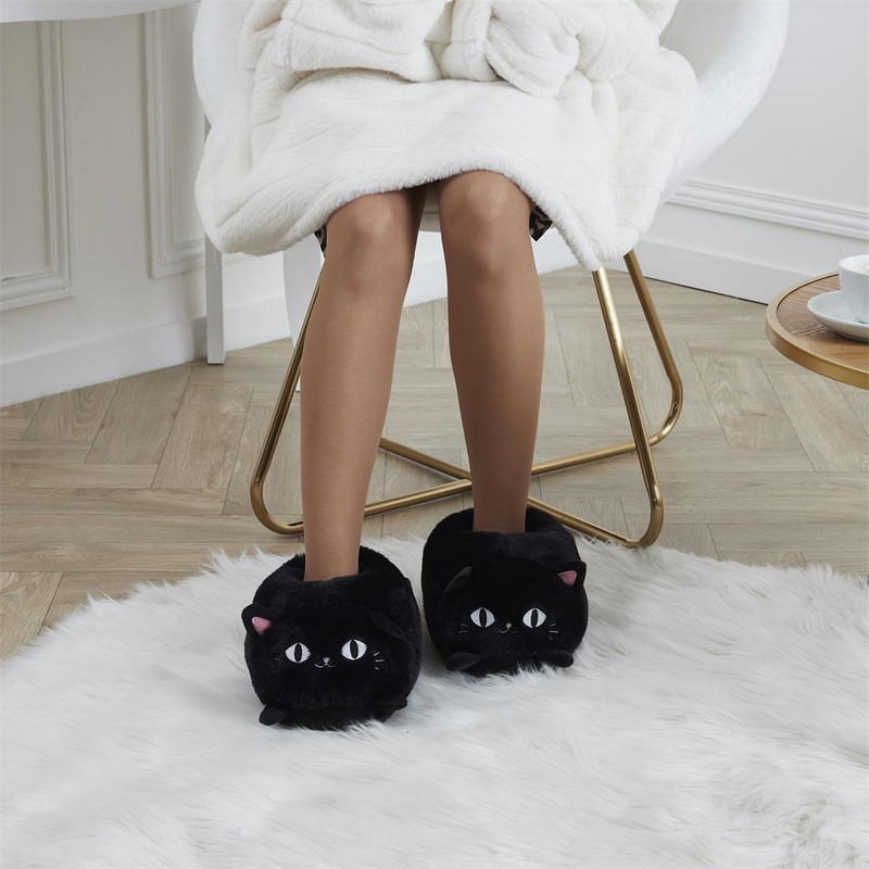 Ciabatte morbide e calde a forma di gatto nero, perfette come idea regalo invernale per gattari