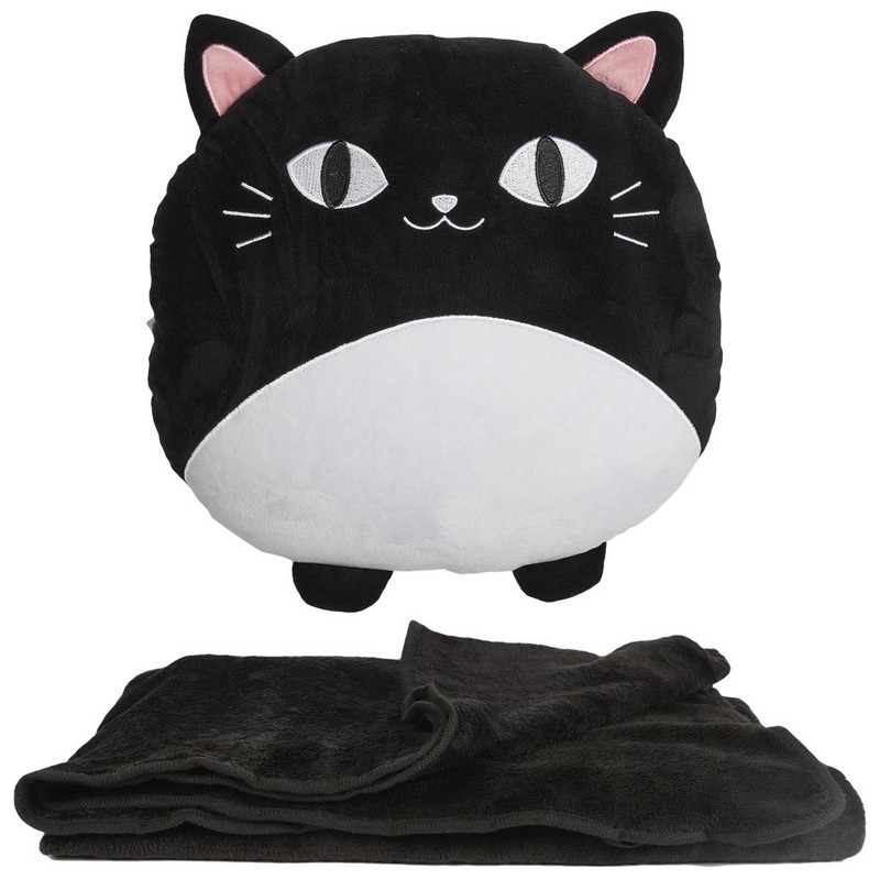 Cuscino gatto nero contenente coperta nera, l'idea regalo perfetta per i gattari freddolosi