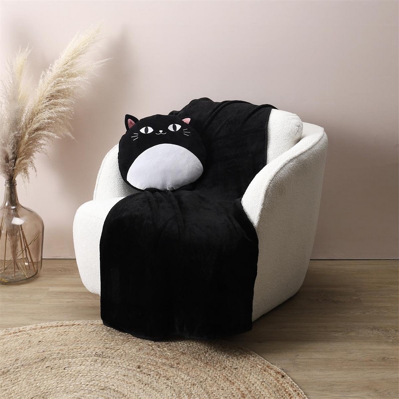 Cuscino gatto nero contenente coperta nera, l'idea regalo perfetta per i gattari freddolosi