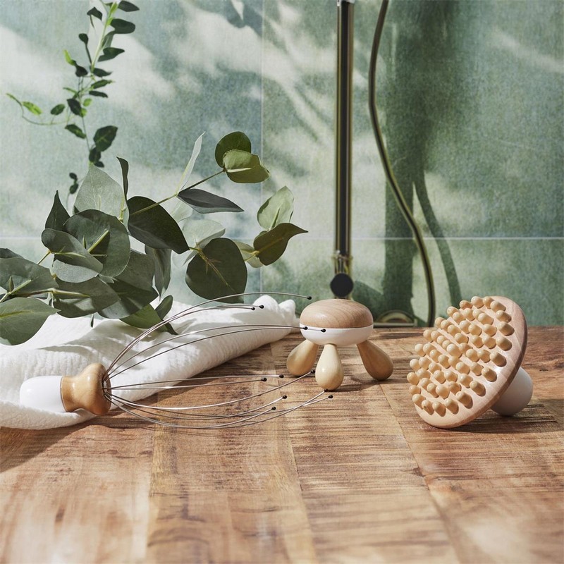 Set 3 accessori per massaggi in legno contenente massaggiatore per cuoio capelluto, spazzola massaggiatrice multiuso e tripode