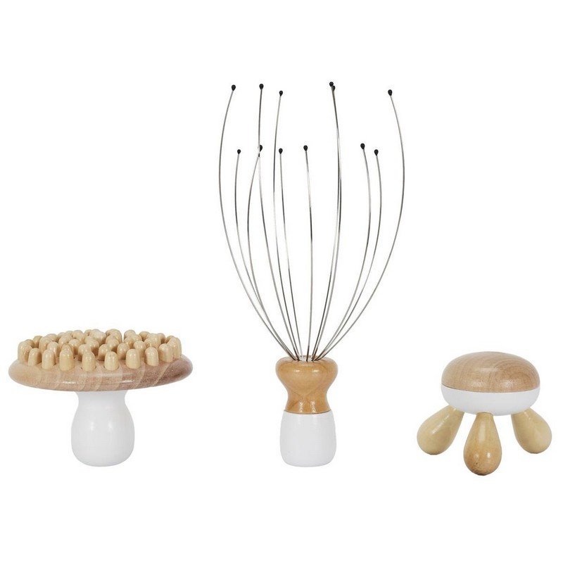 Set 3 accessori per massaggi in legno contenente massaggiatore per cuoio capelluto, spazzola massaggiatrice multiuso e tripode