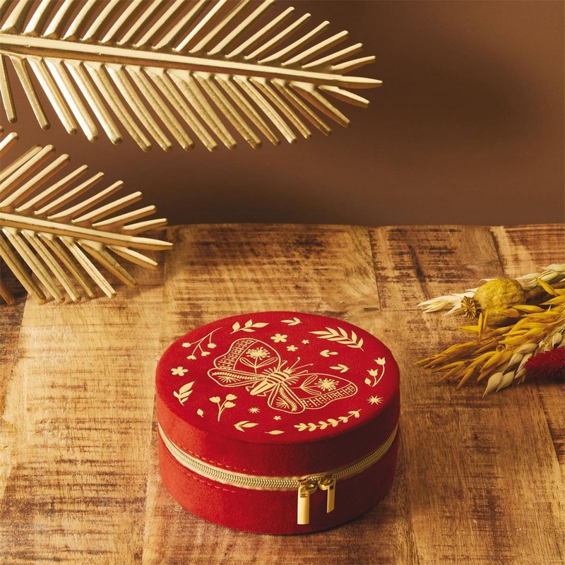 Portagioie portatile in velluto rosso decorato con farfalla, chiusura zip con 2 scomparti, porta anelli e tasca