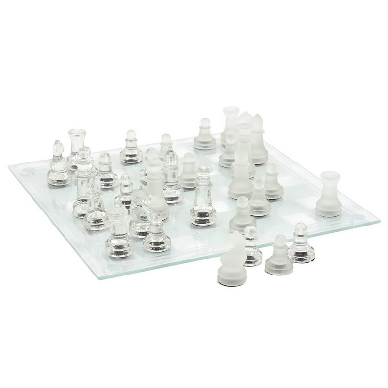 Set scacchi con scacchiera realizzato totalmente in vetro lucido e opaco