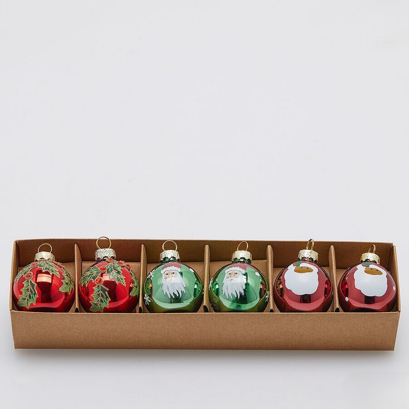 Set 6 palline di Natale miste di colore rosso e verde decorate con Babbo Natale e agrifoglio, ideale per arricchire i tuoi addobbi per albero di Natale