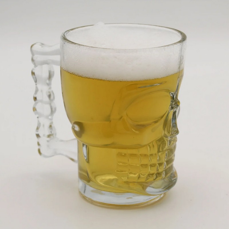 Bicchiere birra in vetro a forma di teschio, lavabile in lavastoviglie