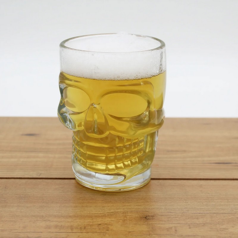 Bicchiere birra in vetro a forma di teschio, lavabile in lavastoviglie