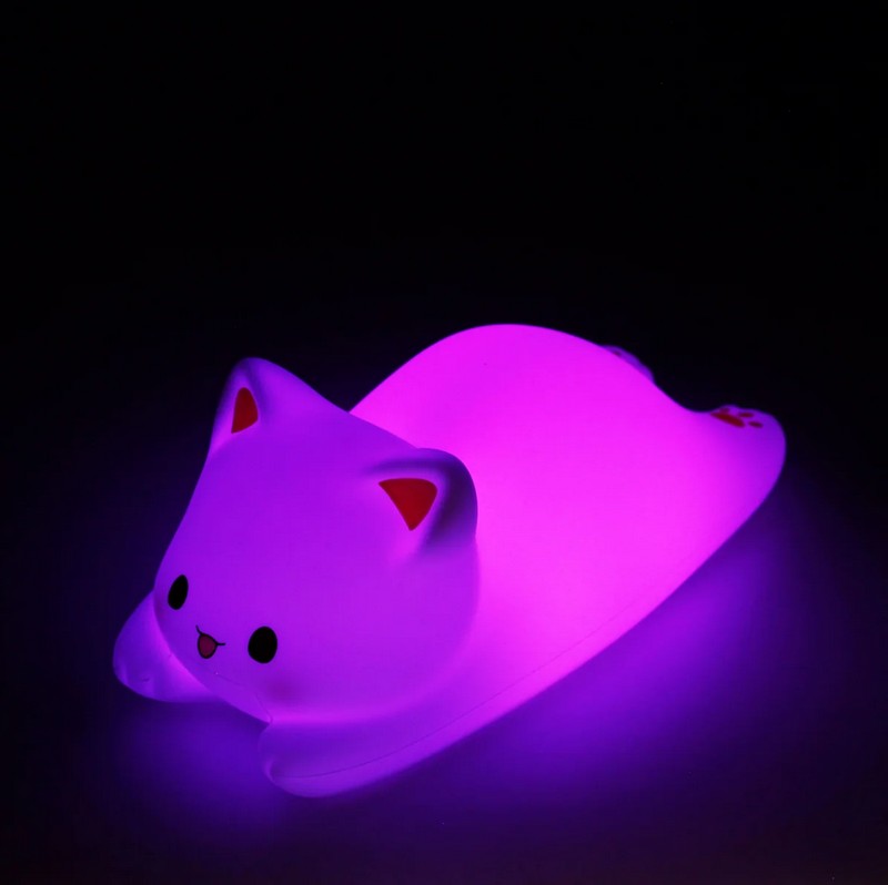 Luce da notte in silicone a forma di gatto con controllo touch, luce calda e multicolor, funzione timer e batteria interna ricaricabile (cavo incluso)