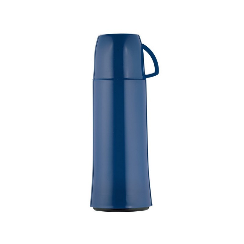 Bottiglia termica con esterno blu in plastica e interno in vetro da 750 ml, con tappo che funge da bicchiere