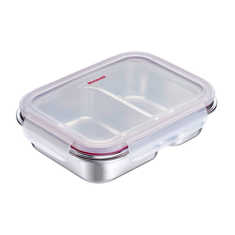Contenitore in acciaio inox con coperchio ermetico e 2 scomparti da 450 e 280 ml, adatto all'utilizzo in microonde (senza coperchio)