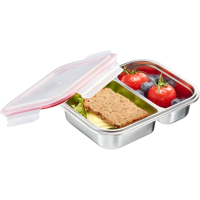 Contenitore in acciaio inox con coperchio ermetico e 2 scomparti da 450 e 280 ml, adatto all'utilizzo in microonde (senza coperchio)