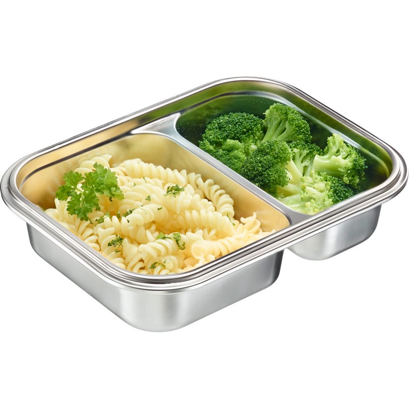 Contenitore in acciaio inox con coperchio ermetico e 2 scomparti da 450 e 280 ml, adatto all'utilizzo in microonde (senza coperchio)