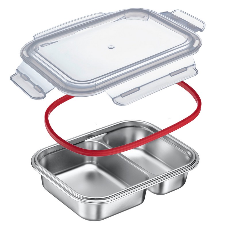 Contenitore in acciaio inox con coperchio ermetico e 2 scomparti da 450 e 280 ml, adatto all'utilizzo in microonde (senza coperchio)