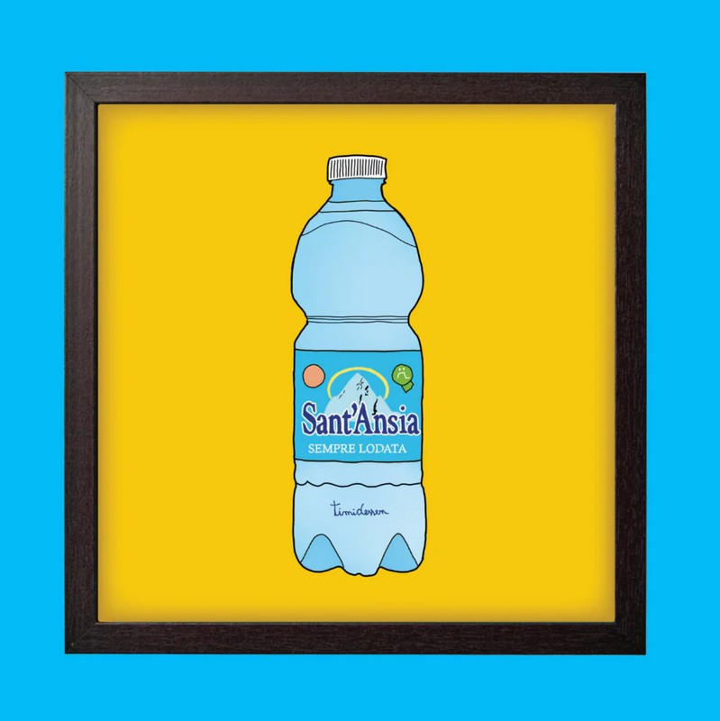 Quadro con cornice nera in legno con poster Sant'Ansia su bottiglia d'acqua