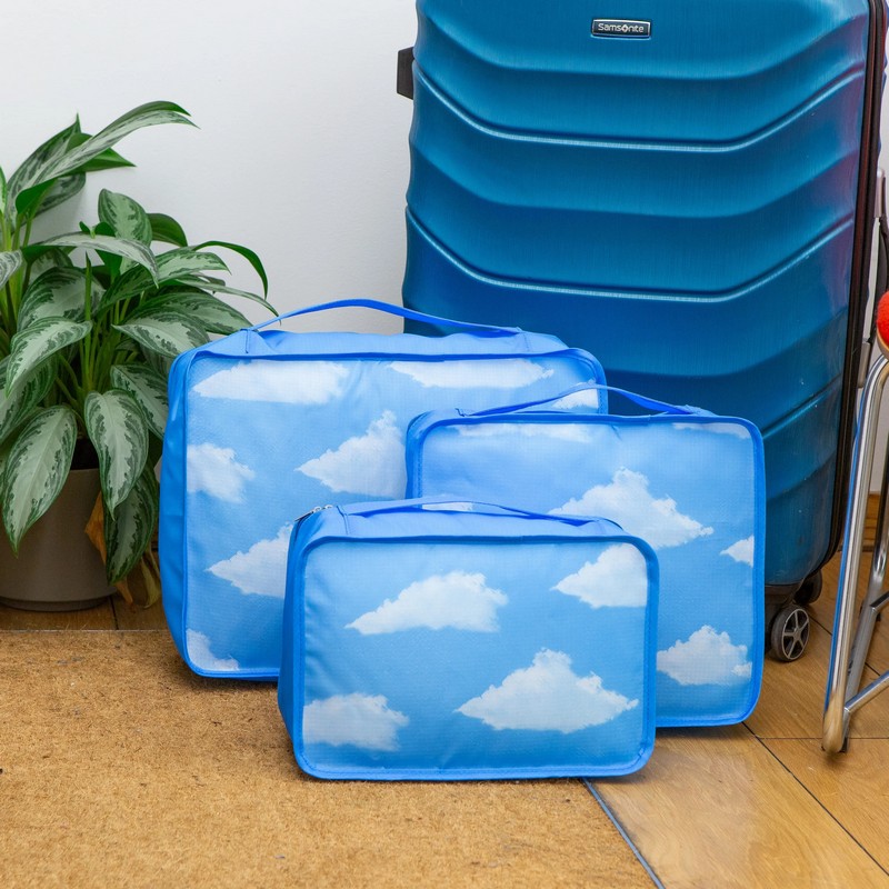 Set 3 cubi organizza valigia di dimensioni diverse con chiusura zip e decoro cielo