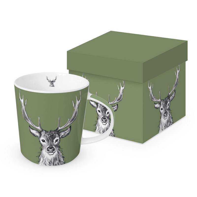 Tazza mug decorata con cervo su fondo verde, in scatola regalo con decoro abbinato
