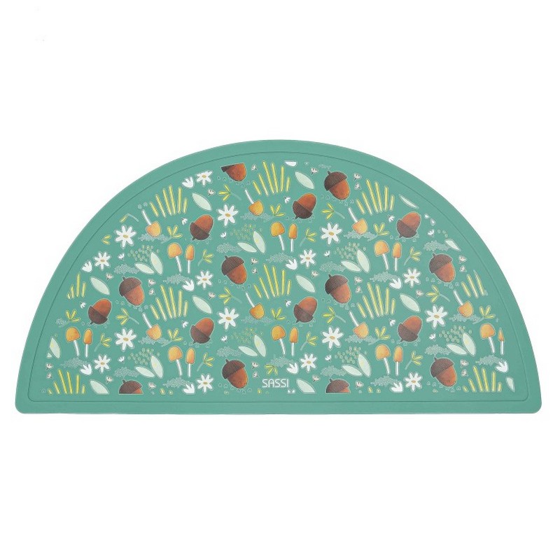 Tovaglietta per bambini in silicone verde decorata con ghiande e funghi
