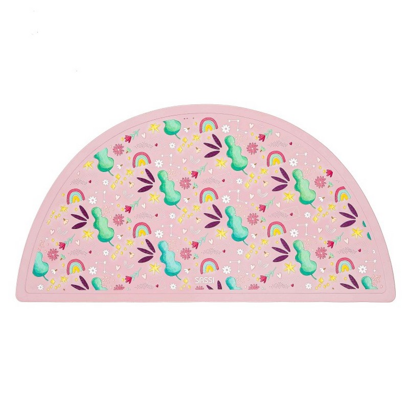 Tovaglietta per bambini in silicone rosa decorata con arcobaleni, alberi e stelle