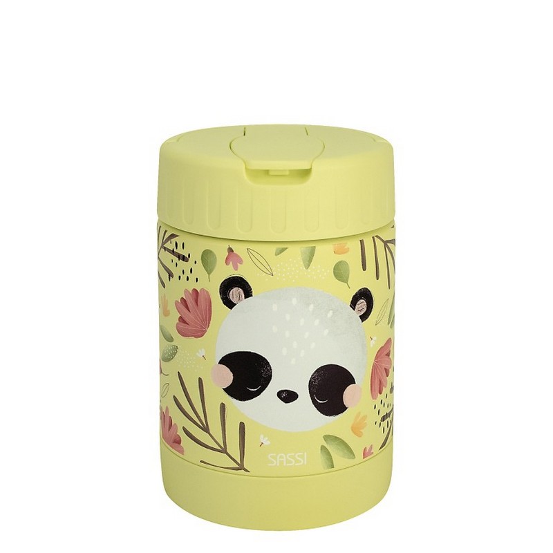 Portapranzo termico giallo per bambini decorato con panda e foglie in acciaio inossidabile, con cucchiaio incluso e maniglia estraibile per agevolare il trasporto