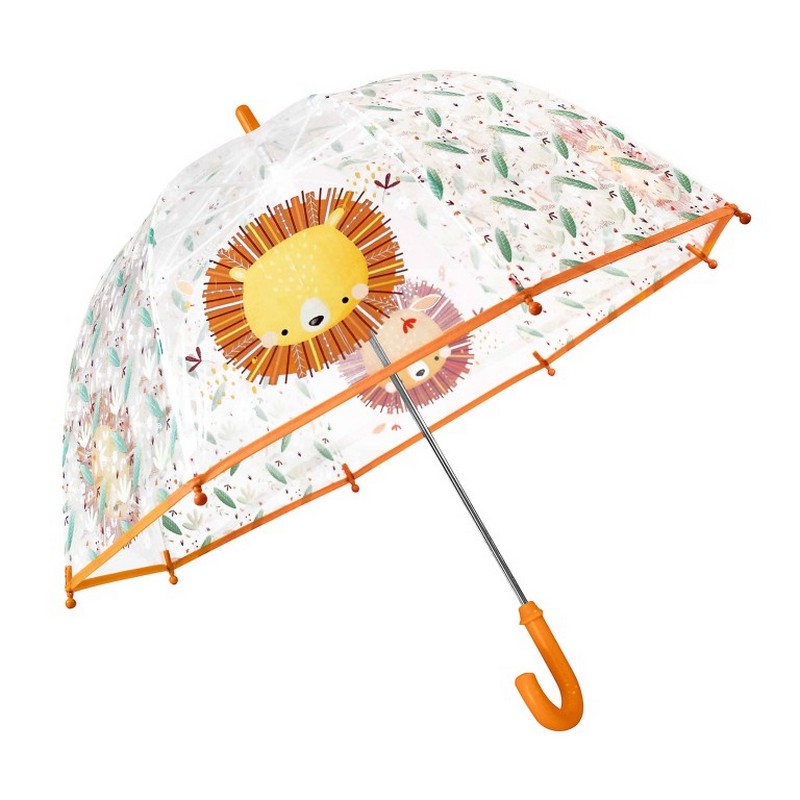 Ombrello trasparente per bambini decorato con leone e foglie