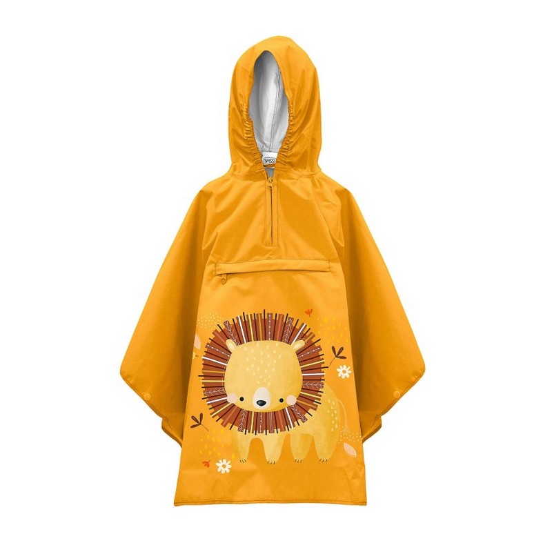 Poncho impermeabile giallo decorato con leone per bambini, facile da richiudere e da pulire