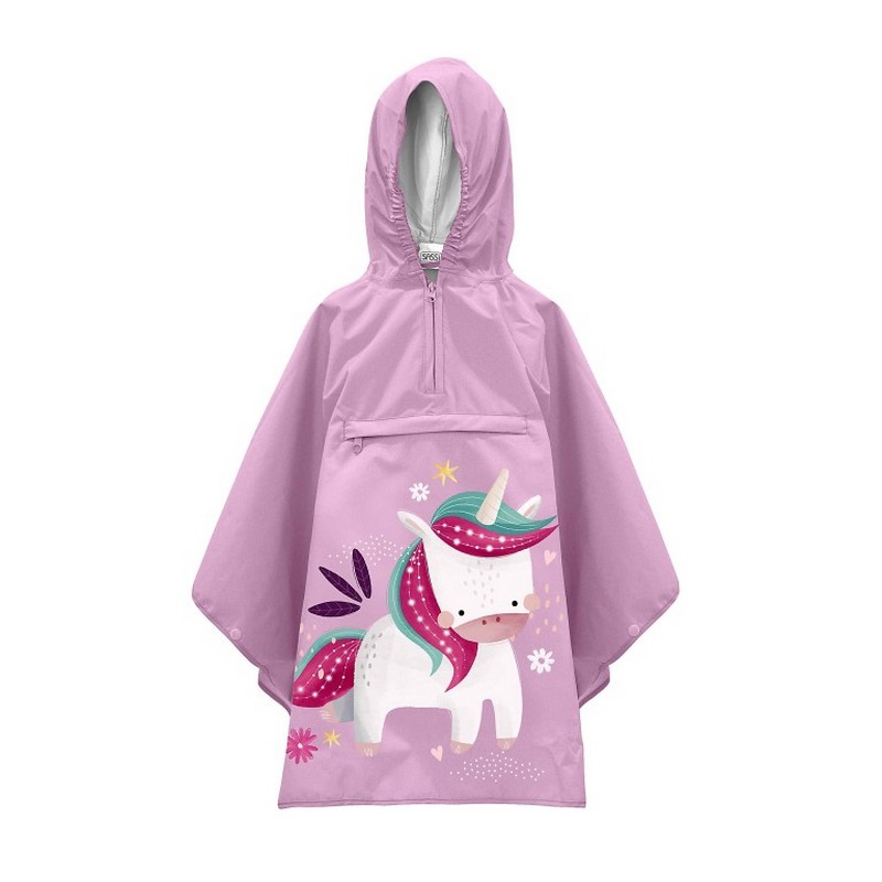 Poncho impermeabile viola decorato con unicorno per bambini, facile da richiudere e da pulire