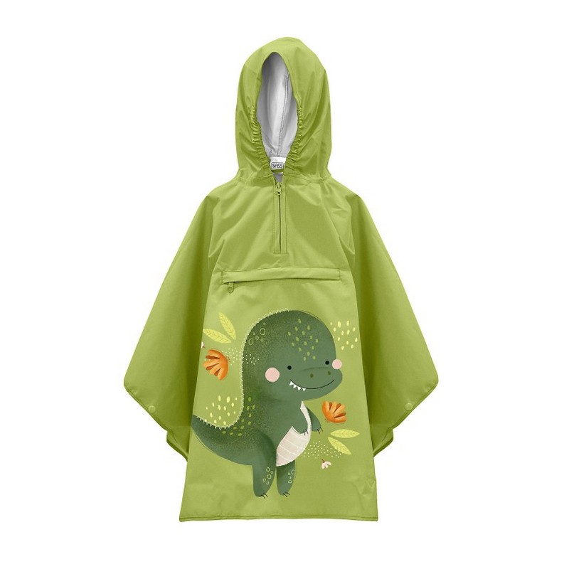 Poncho impermeabile verde decorato con dinosauro per bambini, facile da richiudere e da pulire