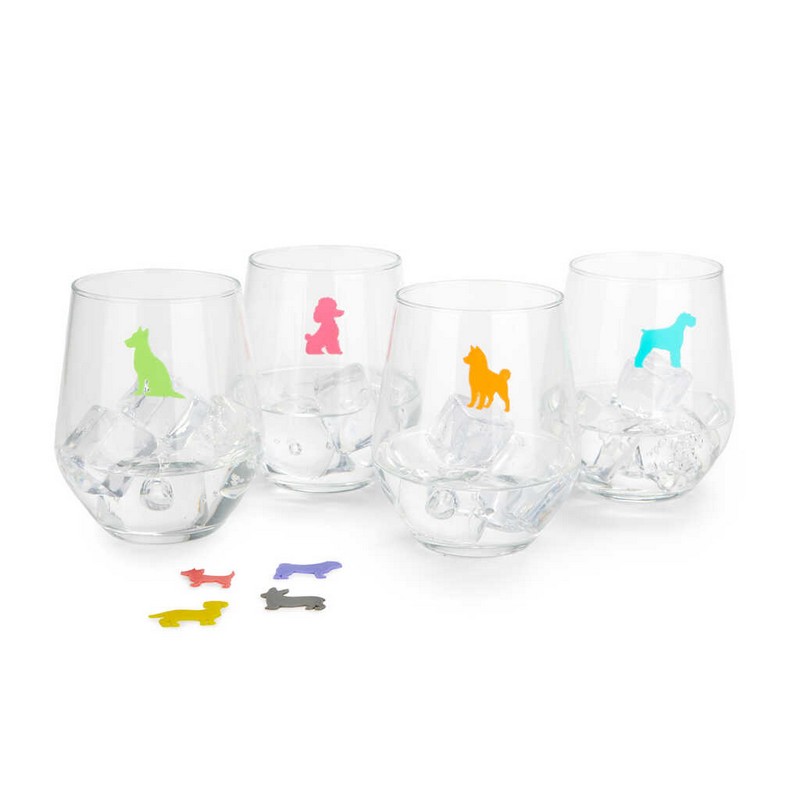 Set 8 segnabicchieri riutilizzabili in silicone a forma di cani di razze e colori diversi