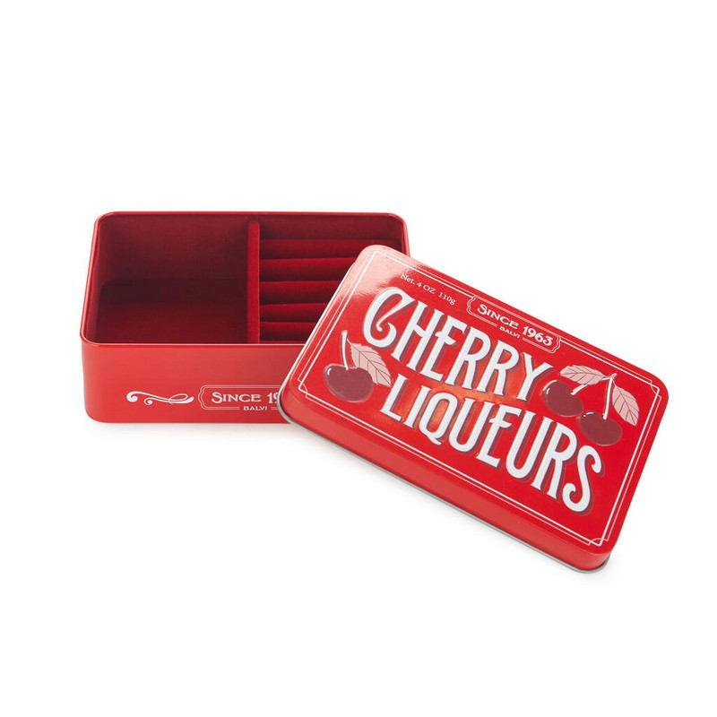 Portagioie portatile in latta a forma di scatola di ciliegie in stile vintage con interno vellutato rosso